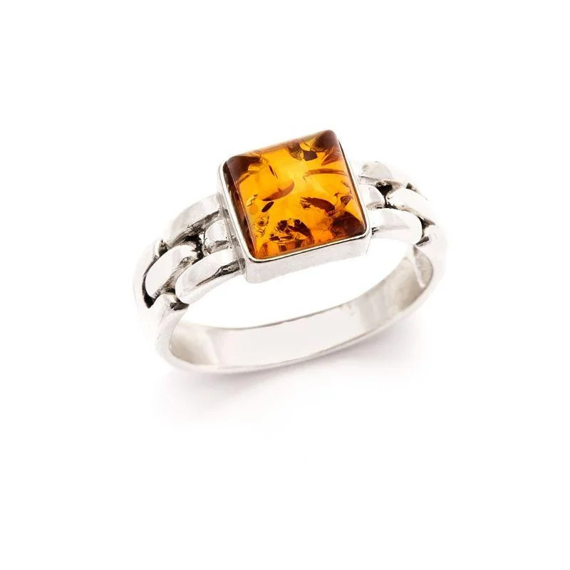 Square Signet ring with natural cognac amber square, in rhodium-plated silver 925