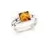 Square Signet ring with natural cognac amber square, in rhodium-plated silver 925