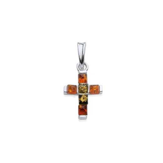 Cross pendant with multi-colored amber, in 925 rhodium silver, height 1.7+1 cm