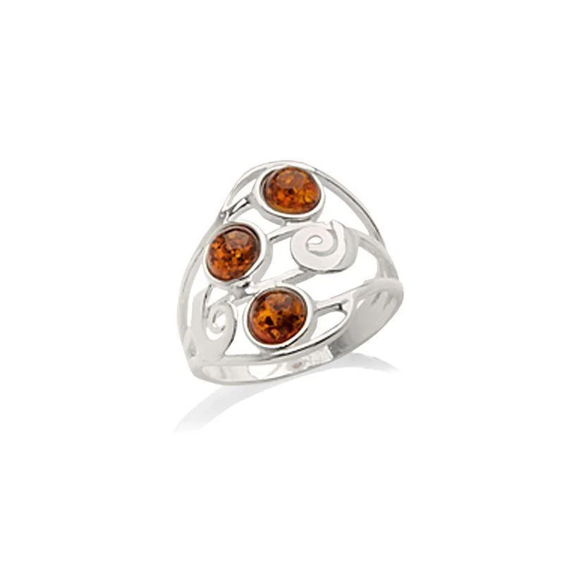 Ring with natural cognac amber from the Baltic Sea round, in rhodium-plated silver 925