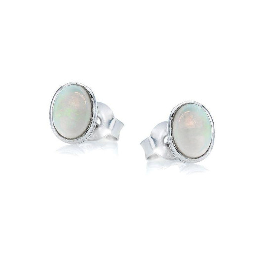 Stud earrings with natural oval white opal, in 925 rhodium silver