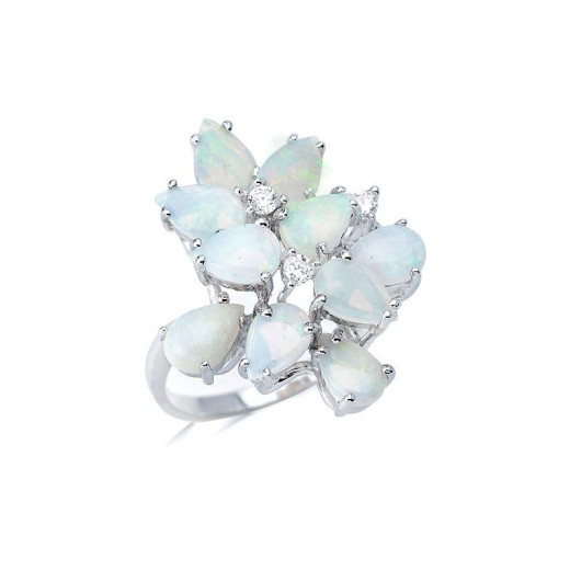 Ring with drop opal and zirconium oxide, in rhodium-plated silver 925