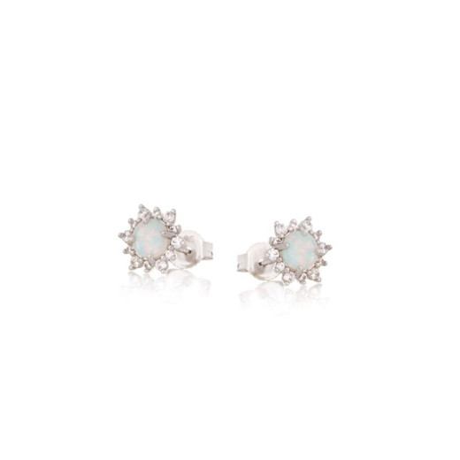 Stud earrings with round opal and zirconium oxide, in rhodium-plated silver 925