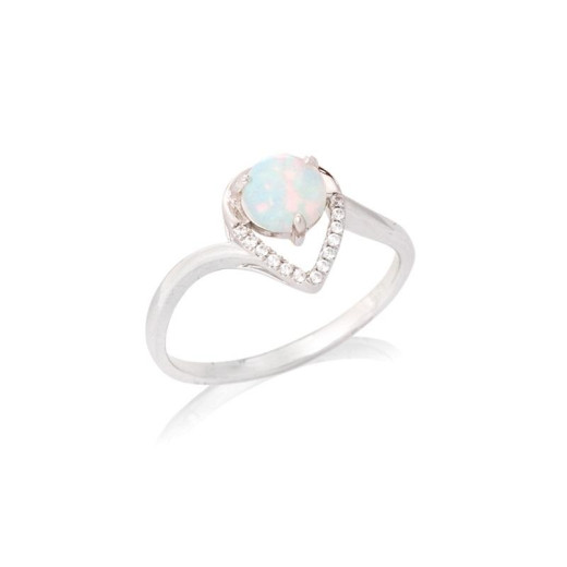 Ring with round opal and zirconium oxide, in rhodium-plated silver 925