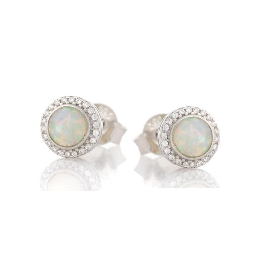 Earrings with round opal and zirconium oxide, in rhodium-plated silver 925