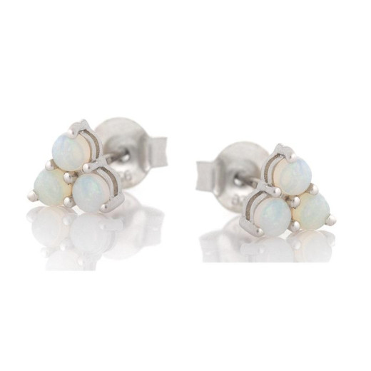 Earrings with round opal and zirconium oxide, in rhodium-plated silver 925