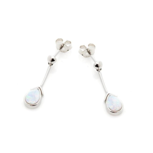 Earrings with natural white opal drop, in rhodium silver 925