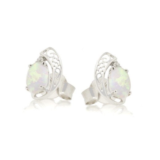 Earrings with natural oval white opal, in 925 rhodium silver