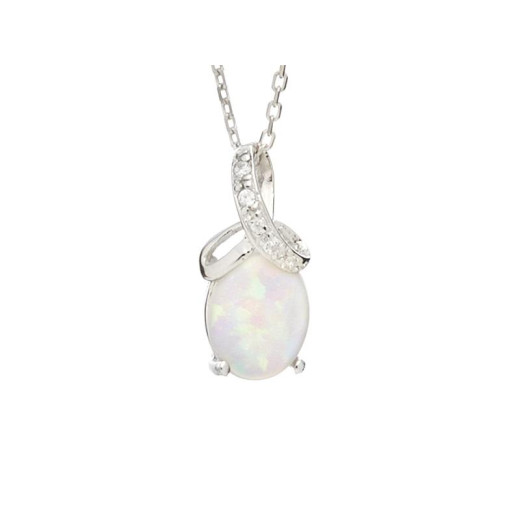 Pendant with oval white opal, in 925 rhodium silver, height 1.5 cm