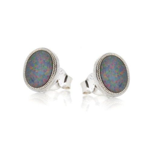 Earrings with oval doublet blue opal, in 925 rhodium silver