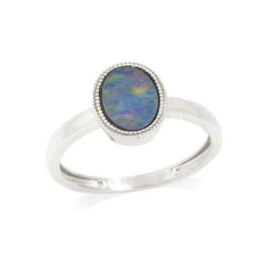 Ring with oval Australian doublet blue opal, in 925 rhodium silver