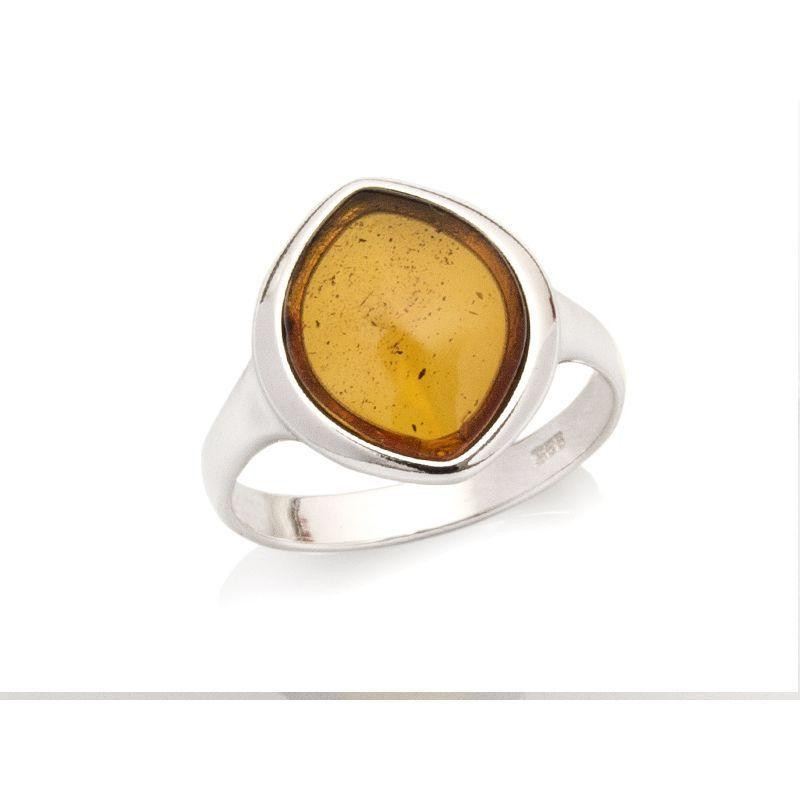 Ring with natural cognac amber from the Baltic Sea, in rhodium-plated silver 925