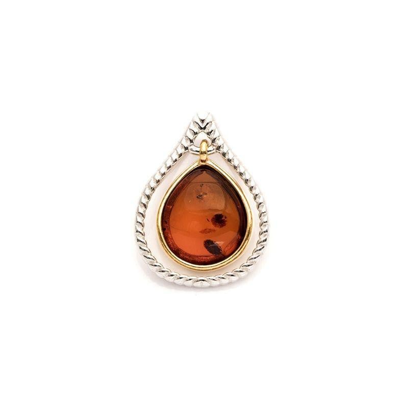 Ciondolo goccia in ambra baltica cognac naturale, argento rodiato 925, 8x10 mm