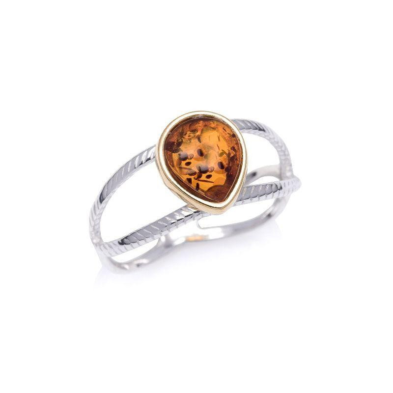 Anello in ambra baltica cognac goccia naturale, in argento rodiato 925, 0,7x1 cm — foto 1