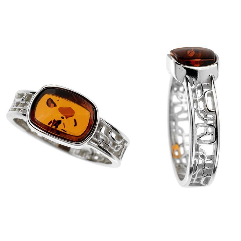 Anello rettangolo in ambra cognac rettangolare, argento rodiato 925, 0,7x1 cm — foto 1