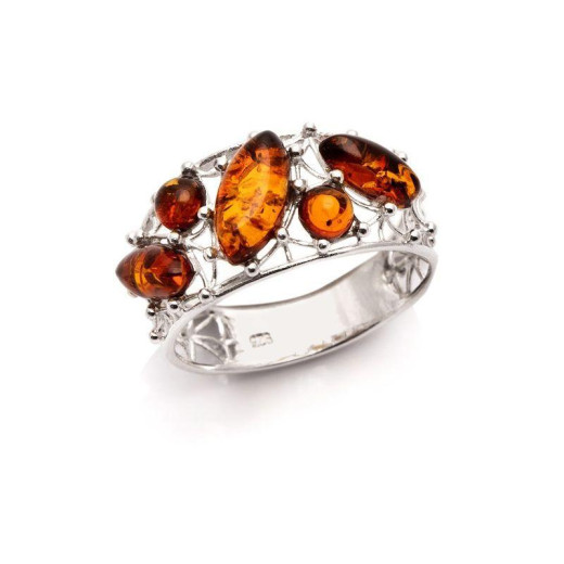 Ring with natural cognac amber from the Baltic Sea, in rhodium-plated silver 925