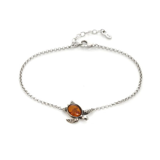 Turtle bracelet with oval cognac amber, in 925 rhodium silver, length 17+3 cm