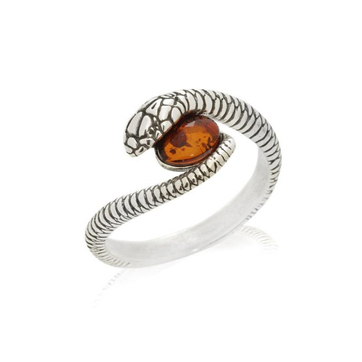 Snake ring with natural cognac amber, in 925 rhodium silver