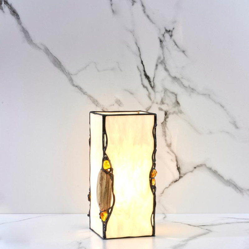 Bedside lamp in brass, amber and glass, 11x11x24 cm