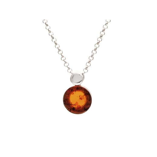 Necklace with round cognac amber, in 925 rhodium silver, length 42 + 3 cm