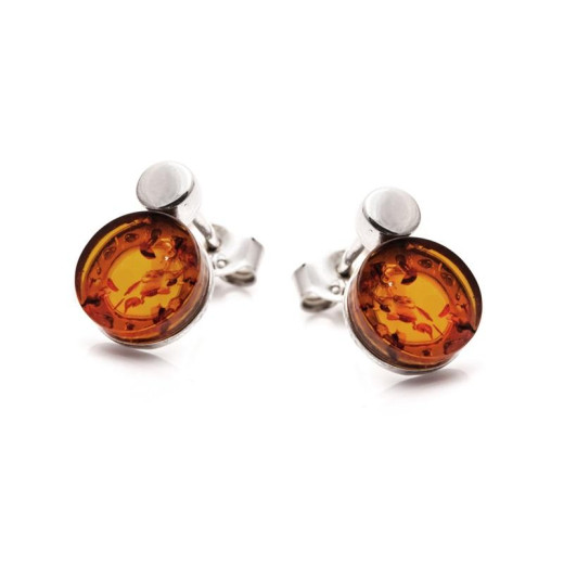 Stud earrings with natural cognac amber, in 925 rhodium silver