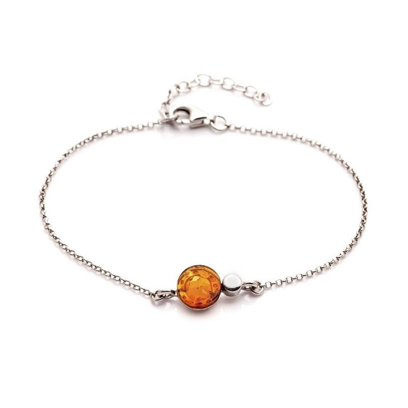 Bracelet with round cognac amber, in 925 rhodium silver, length 17+ 3 cm