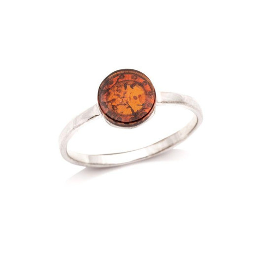 Ring with natural cognac amber from the Baltic Sea round, in rhodium-plated silver 925