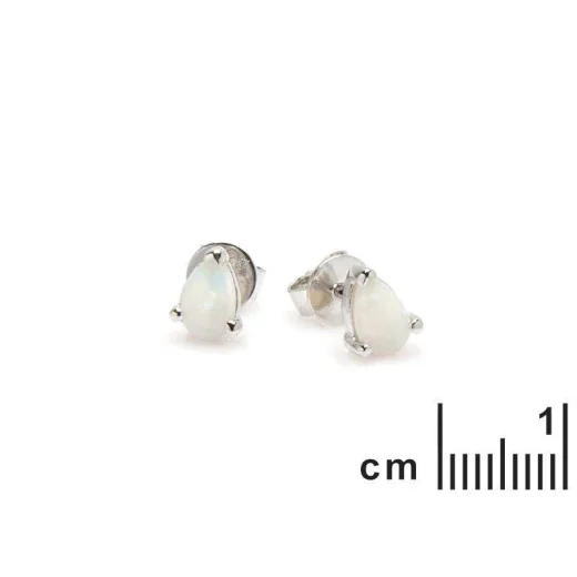 Stud earrings with natural white opal drop, in rhodium-plated silver 925