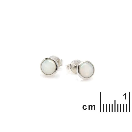 Stud earrings with round natural white opal, in 925 rhodium silver