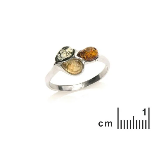 Ring with multi-colored Baltic amber drop, in rhodium-plated silver 925