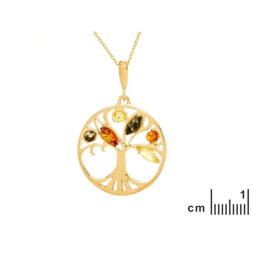 Tree of life pendant with multi-colored amber, 925 gold plated silver, 2.5+1 cm