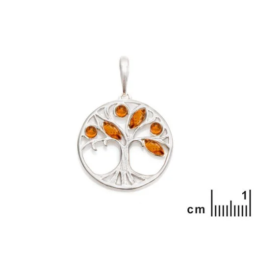 Tree of life pendant with cognac amber, 925 rhodium silver, diameter 2.5+1 cm