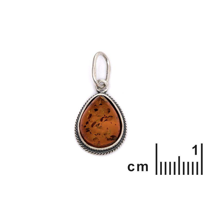 Ciondolo goccia in ambra baltica cognac naturale, argento brunito 925, 10x12 mm — foto 2