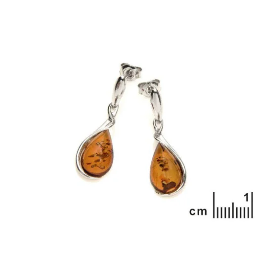 Drop earrings with cognac amber, in 925 rhodium silver