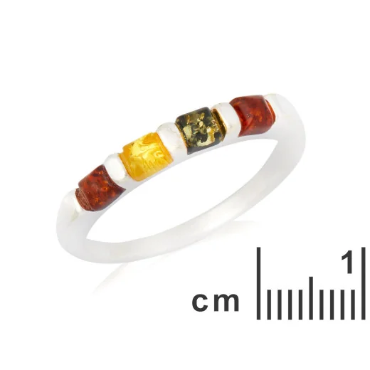 Ring with multi-colored Baltic amber square, in 925 rhodium silver