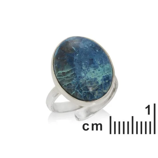 Ring with natural blue shattuckite, in rhodium silver 925