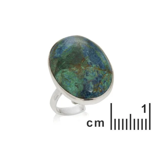 Ring with natural blue shattuckite, in rhodium silver 925