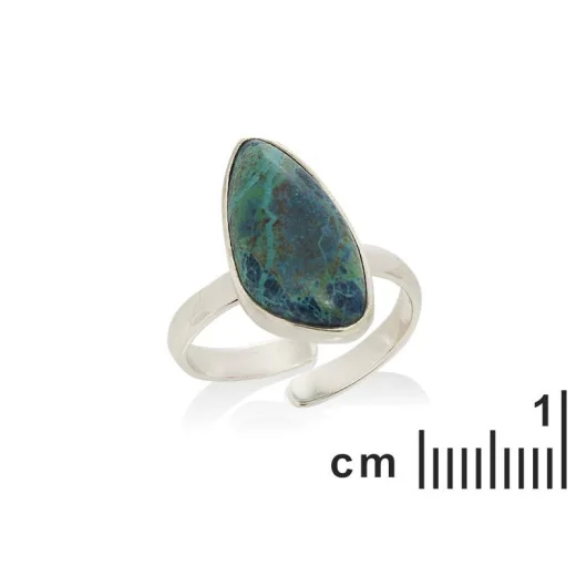 Ring with natural blue shattuckite, in rhodium silver 925