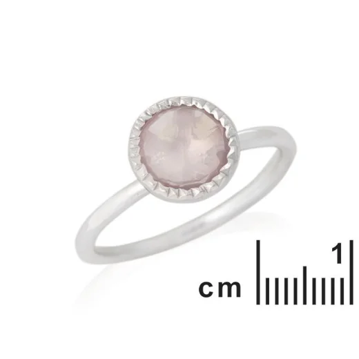 Ring with round natural rose quartz, in 925 rhodium silver