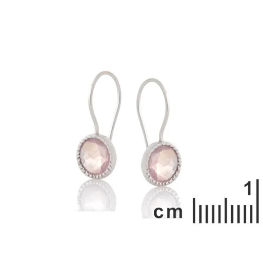 Earrings with round natural rose quartz, in 925 rhodium silver