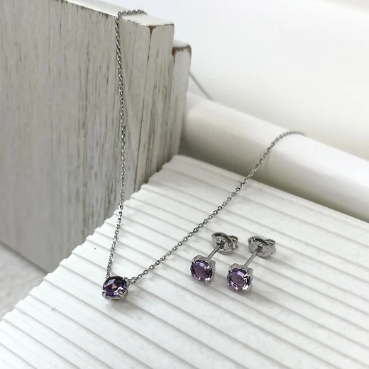 Earrings with natural purple amethyst, in rhodium silver 925