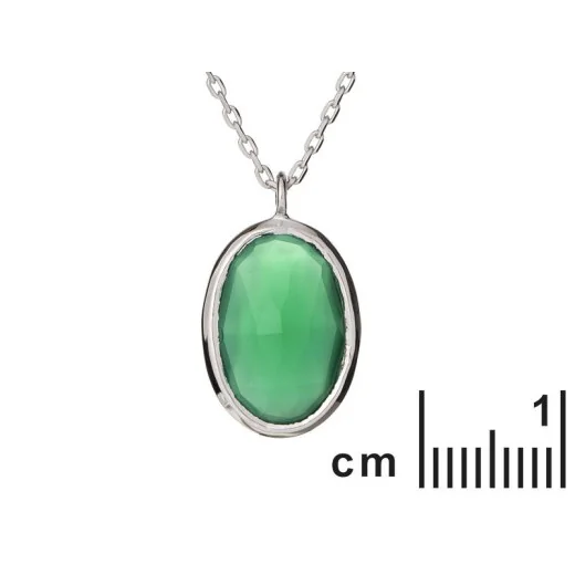 Necklace with natural oval green onyx, in 925 rhodium silver, length 42 + 3 cm