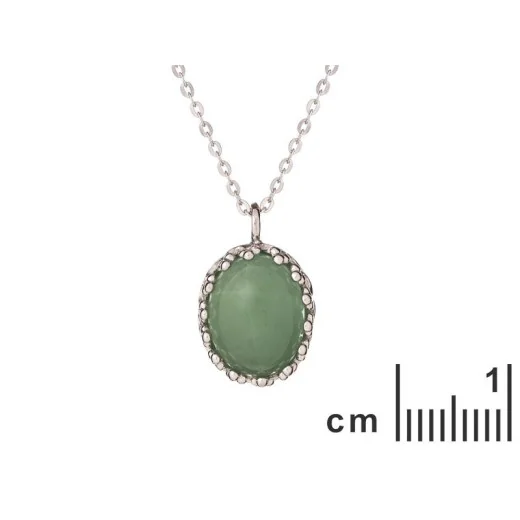 Necklace with oval green aventurine, in 925 rhodium silver, length 42 + 3 cm