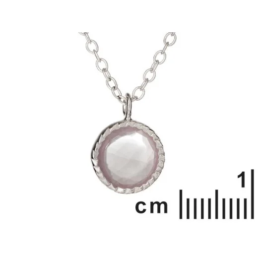 Necklace with round natural rose quartz, in 925 rhodium silver, length 42+3cm