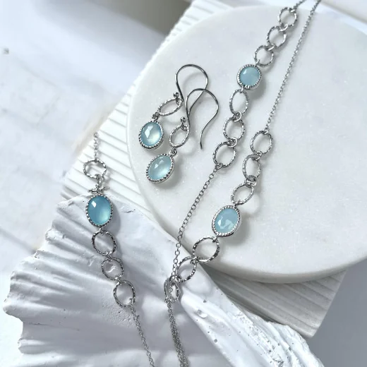 Necklace with natural blue chalcedony, in 925 rhodium silver, length 70 cm