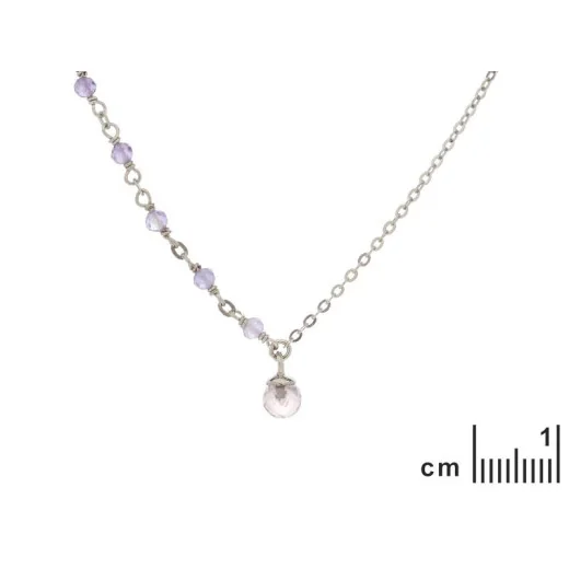 Necklace with amethyst and rose quartz, in 925 rhodium silver, length 42 + 3 cm