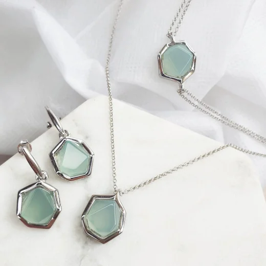 Necklace with natural aqua tinted agate, 925 rhodium silver, length 42 + 3 cm