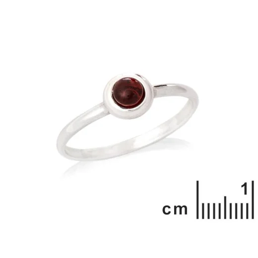 Ring with round natural red garnet, in 925 rhodium silver