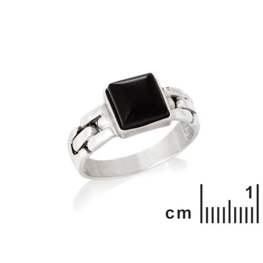 Signet ring with square natural black onyx, in 925 rhodium silver