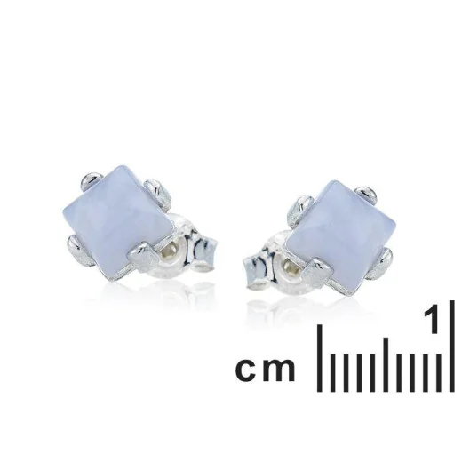 Square natural blue lace agate stud earrings, in 925 rhodium silver